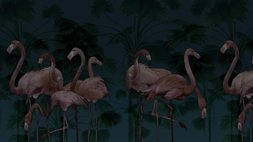 Dark blue wallpaper with pink flamingos