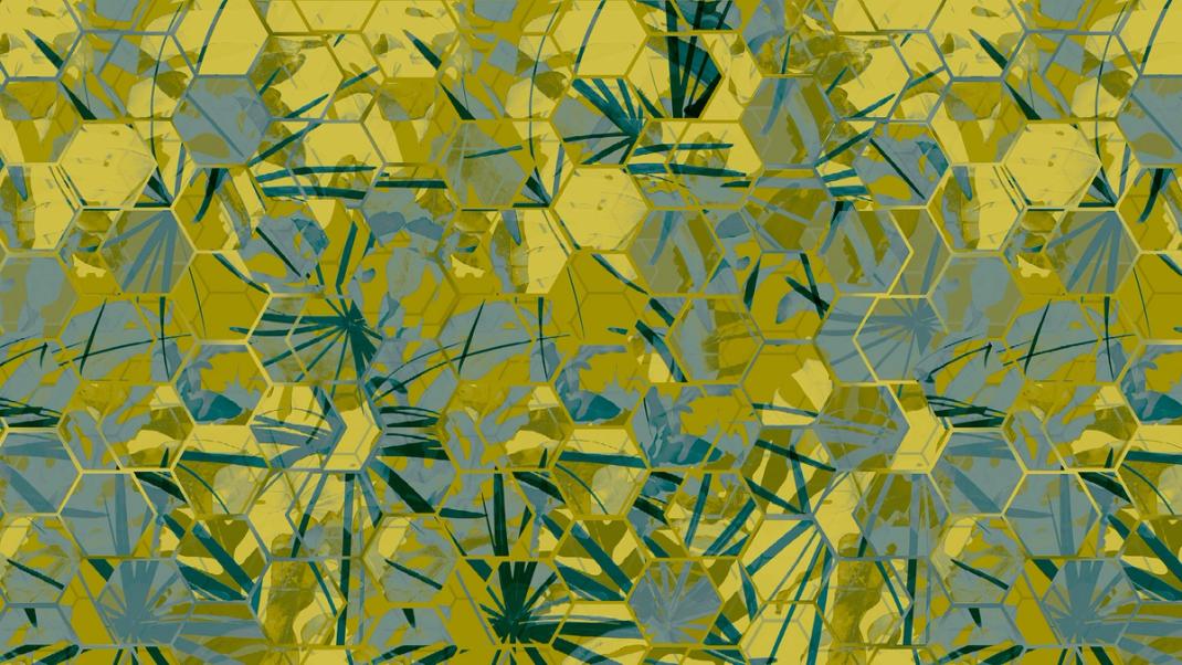 Ochre yellow brown wallpaper with petrol-coloured leaves in six corners