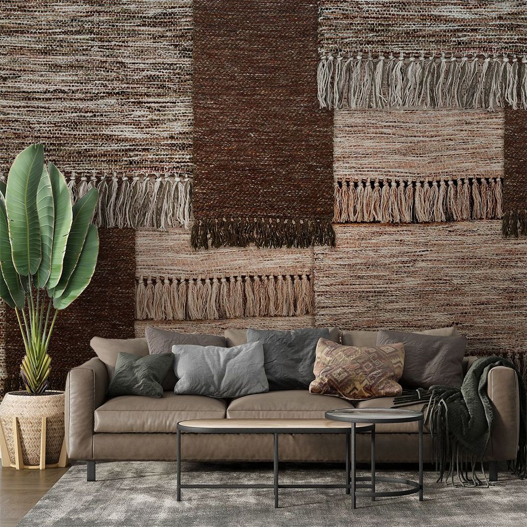 Brown wallpaper with various woven cloths.