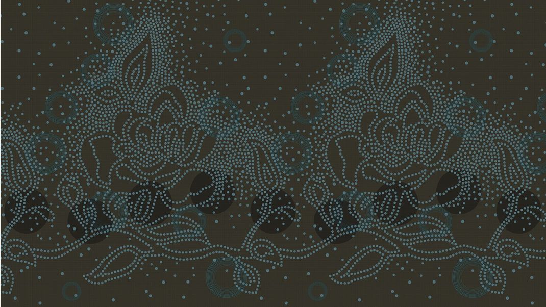 Dark brown wallpaper with blue flowers with dots.