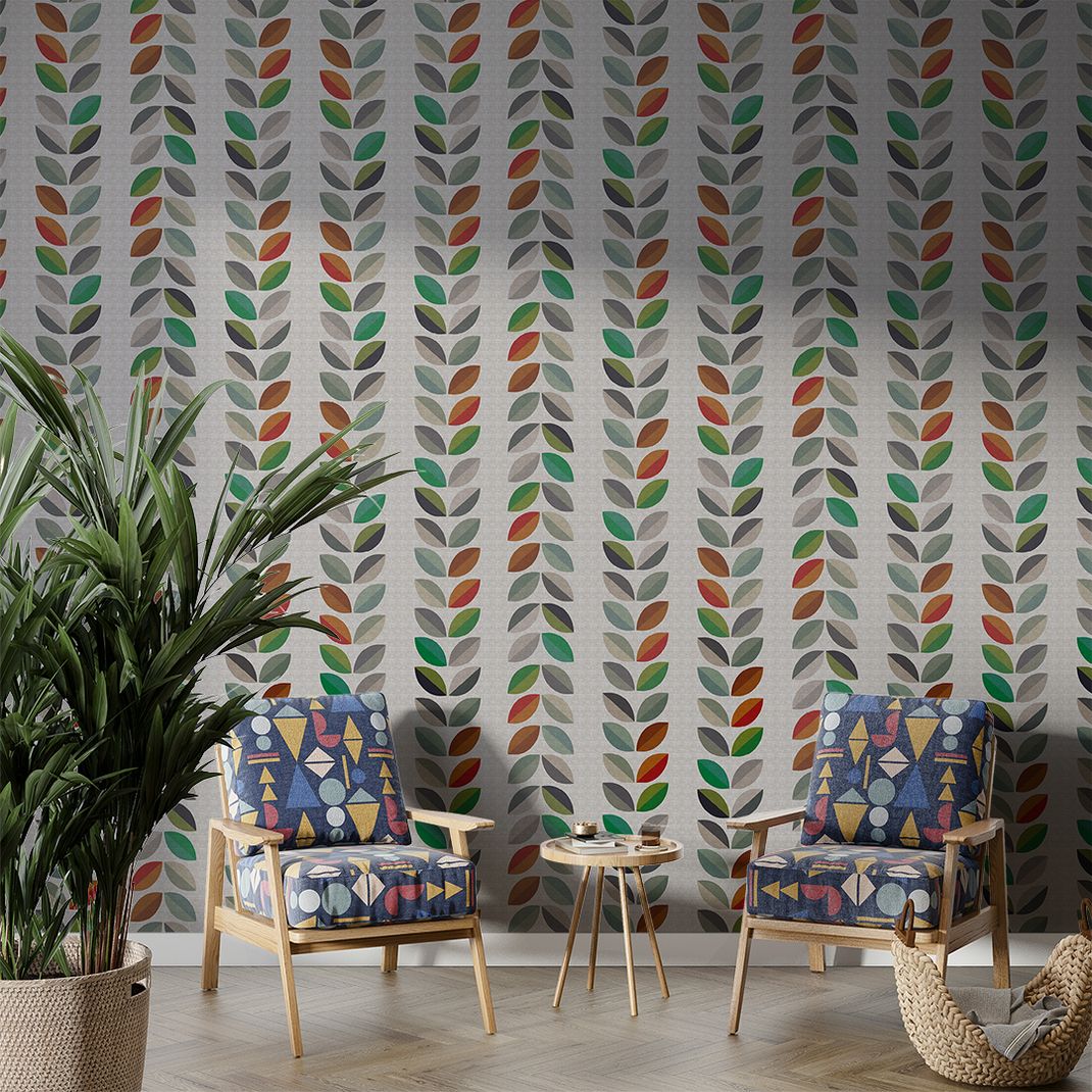 Wallpaper of vertical stripes with leaves in various colors