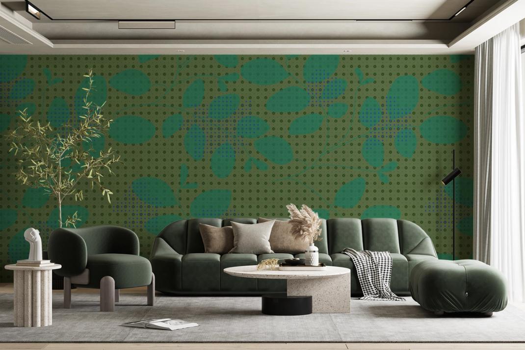 Green wallpaper with graphic leaves