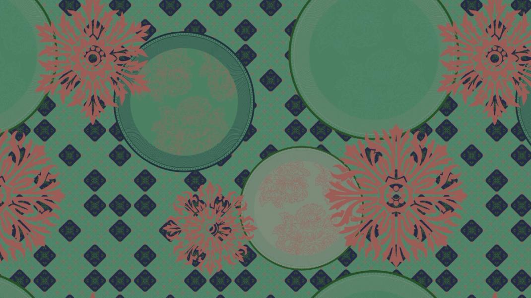 Green wallpaper with circles and pink graphic flowers