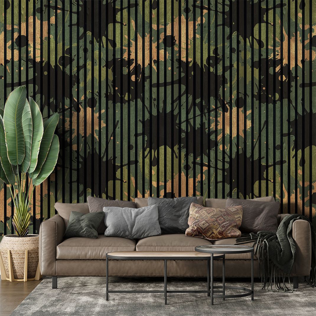 Wallpaper with wooden slats and green army splatters