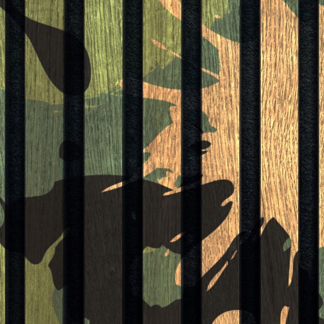 Wallpaper with wooden slats and green army splatters