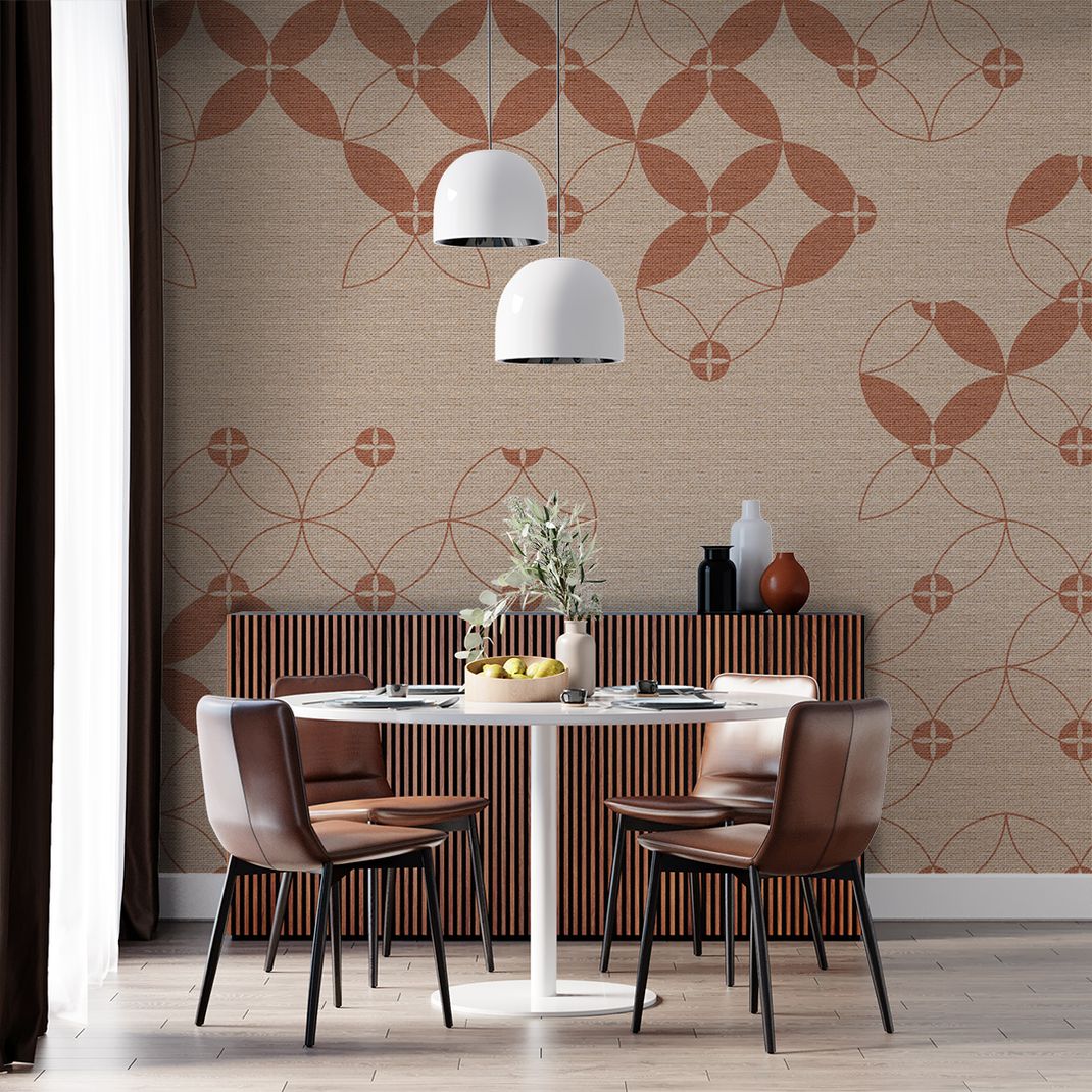 Terracotta wallpaper with textile and graphic patterns