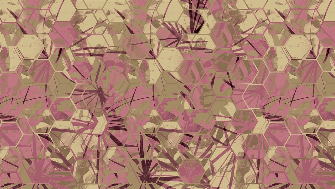 Light brown wallpaper with pink leaves in six corners