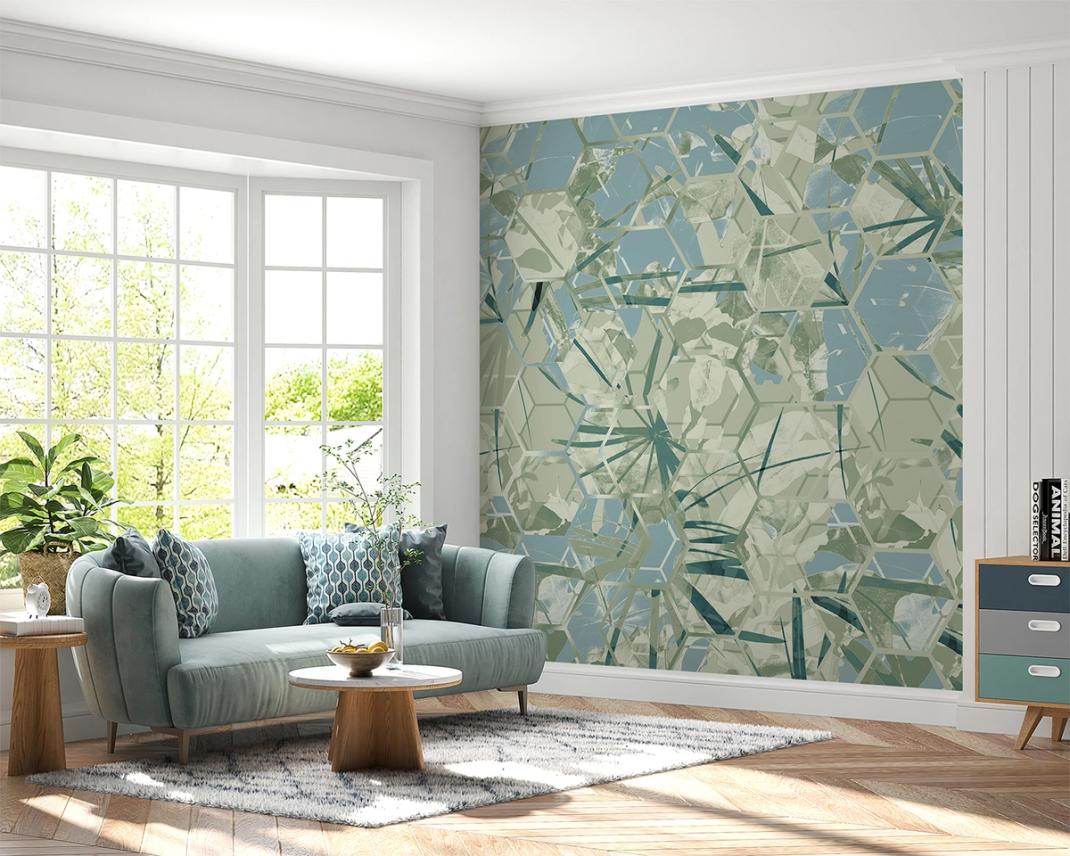 Light blue wallpaper with green leaves in six corners 