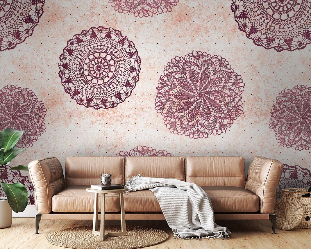 Light terracotta wallpaper with purple round lace doilies