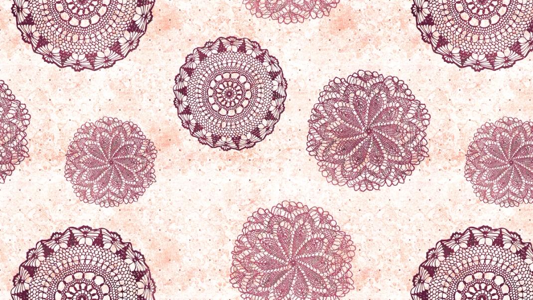 Light terracotta wallpaper with purple round lace doilies