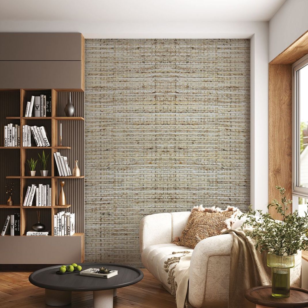 Sand-colored wallpaper with large woven pattern.