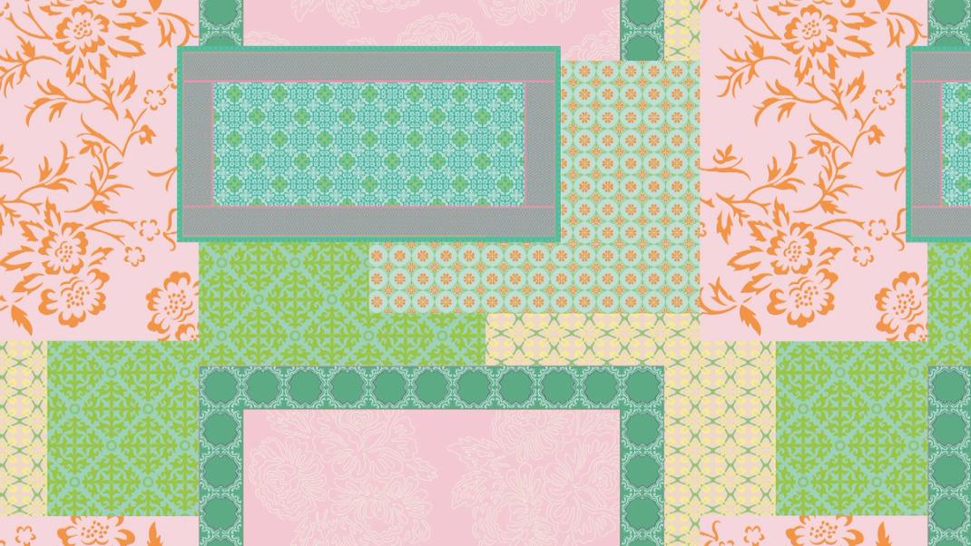 Roze en groen behang met patchwork van diverse patronen