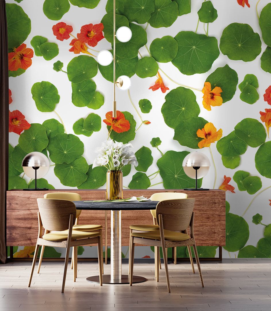 White wallpaper with green leaves and orange flowers