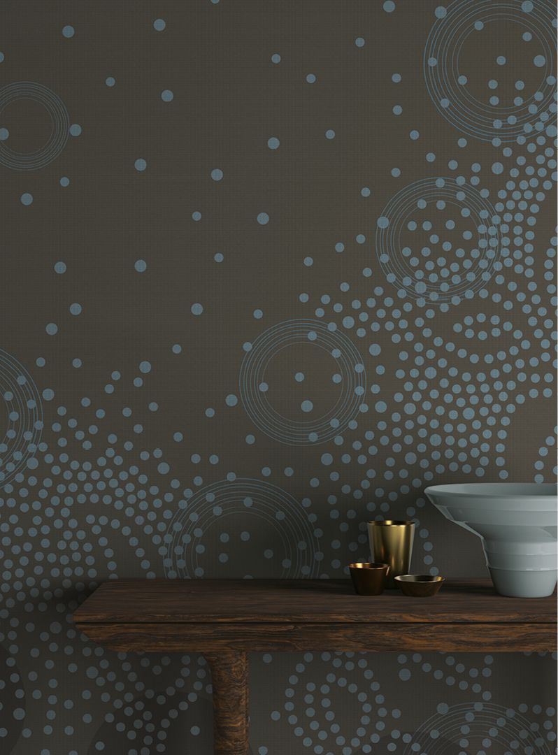 Dark brown wallpaper with blue flowers with dots.