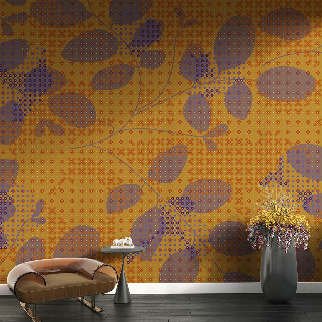 Amber wallpaper with blue graphic leaves