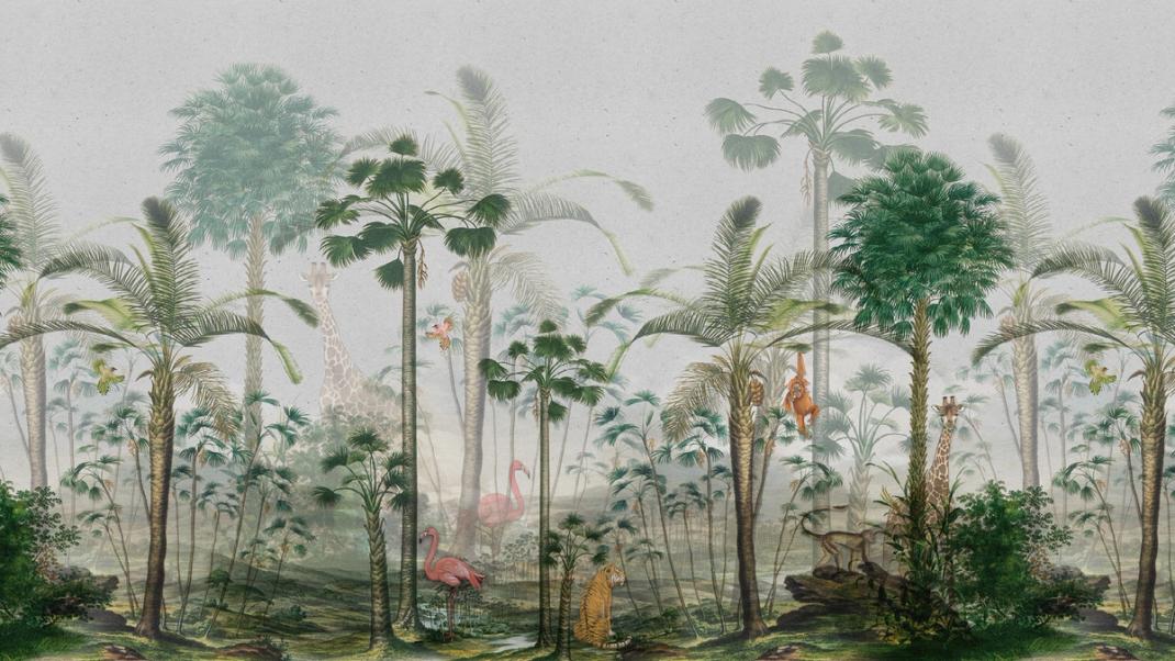 Wallpaper with palm trees and animals