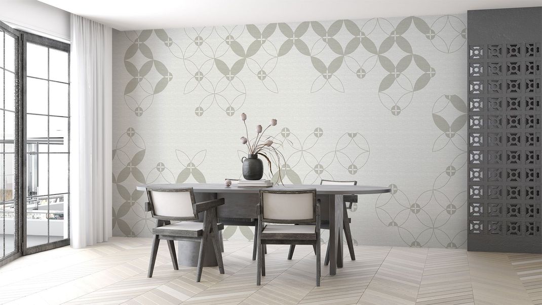 Grey wallpaper with textile and graphic patterns