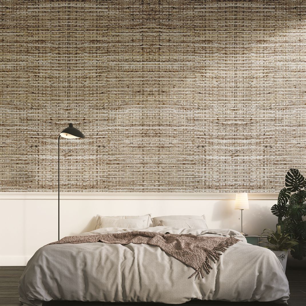 Sand-colored wallpaper with large woven pattern.