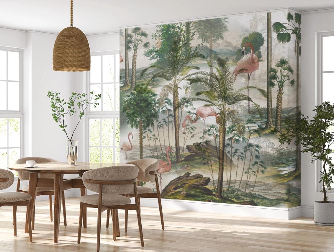 Green wallpaper with palm trees and flamingos