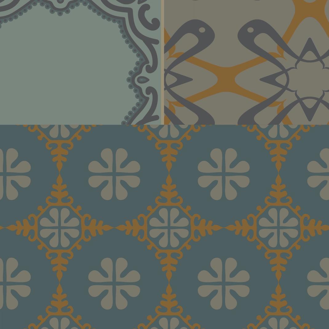 Brown blue wallpaper with patchwork of various patterns