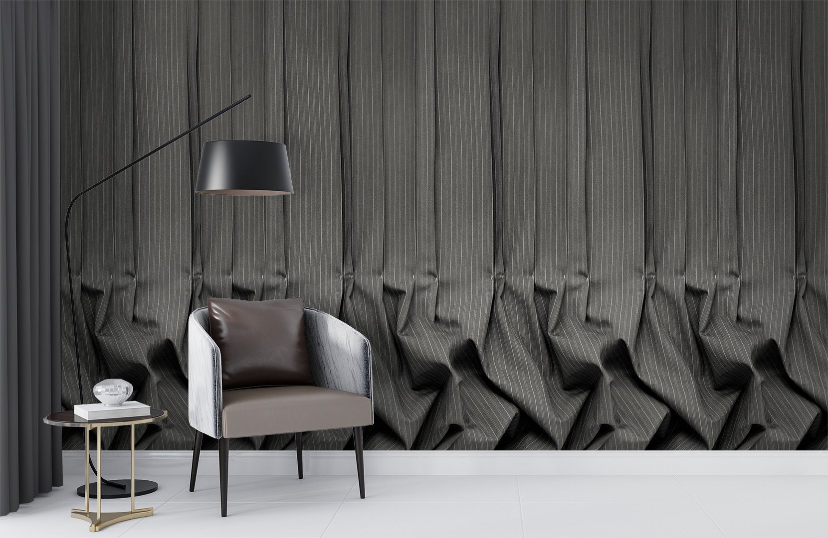 Grey wallpaper with folded textile