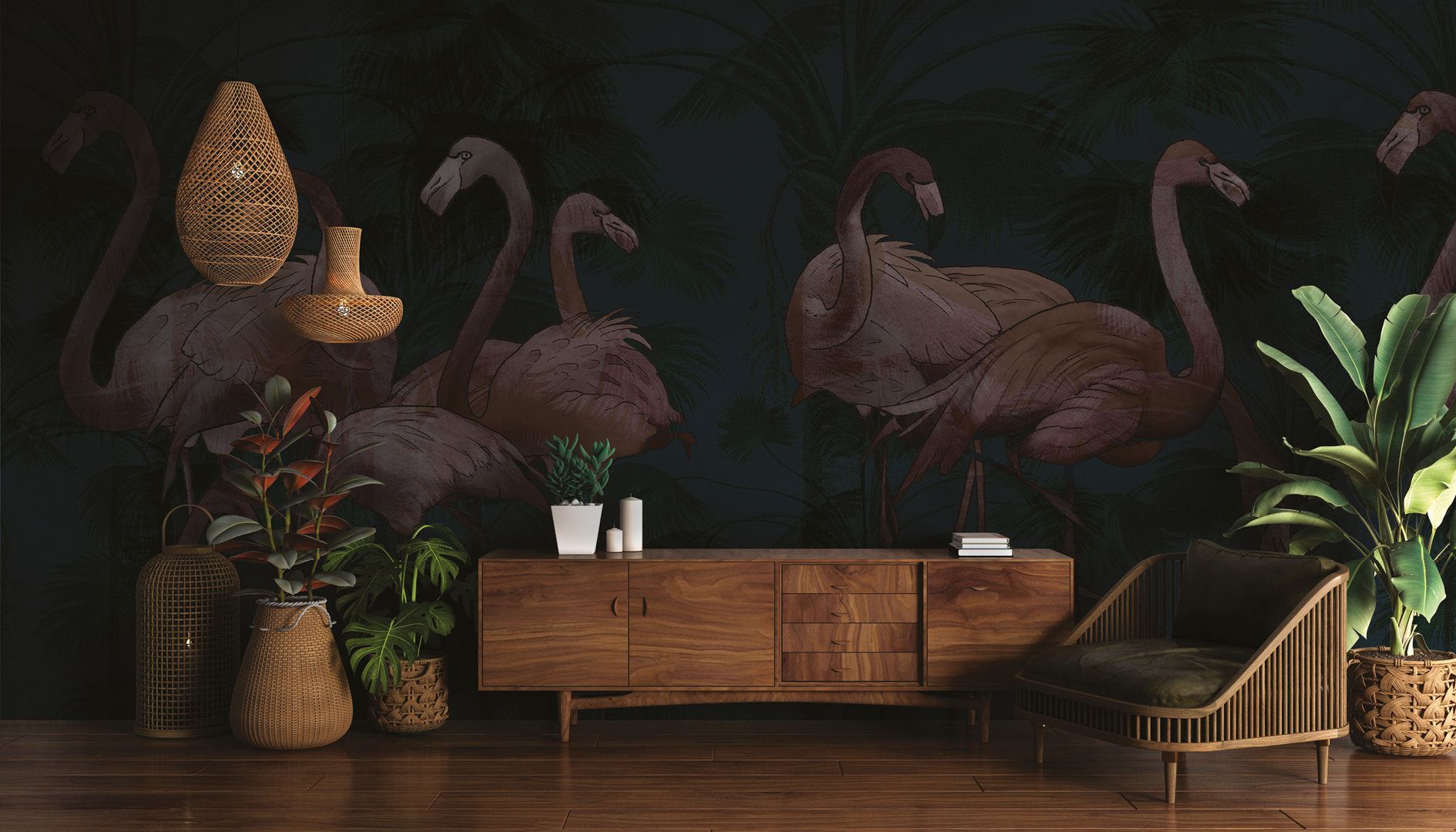 Dunkelblaue Tapete mit rosa Flamingos 