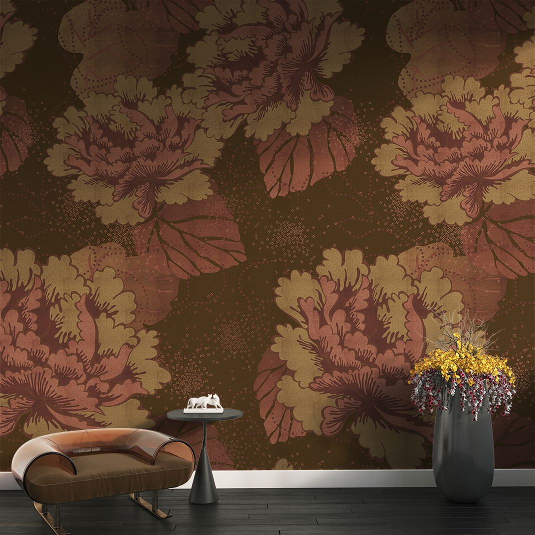 Brown wallpaper with pink leaves and flowers