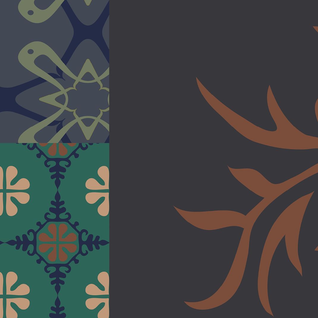 Terracotta blue wallpaper with patchwork of various patterns