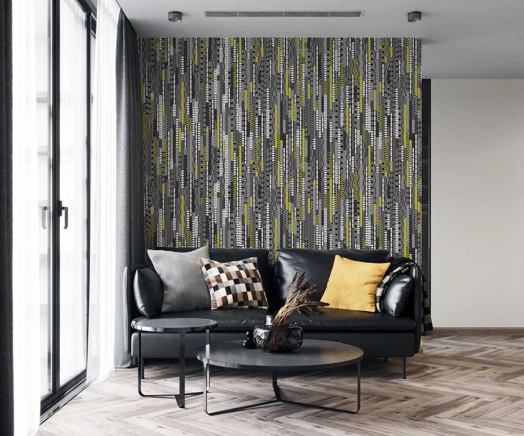 Wallpaper with vertical lines in yellow and black and white colors