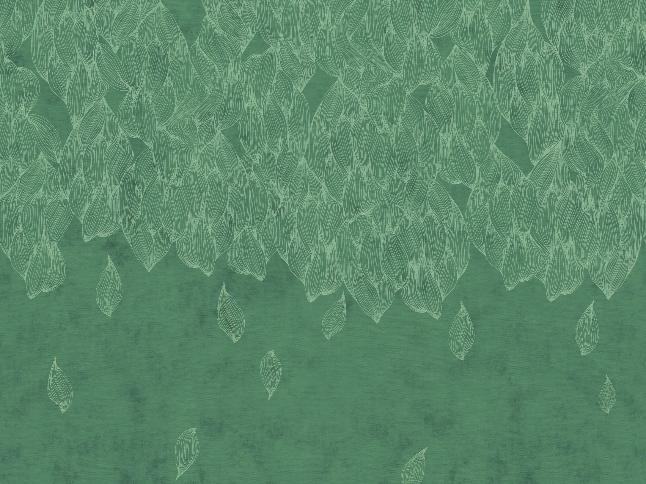 Groen behang met gouden bladeren, "Falling Leaves" voor woonkamer.