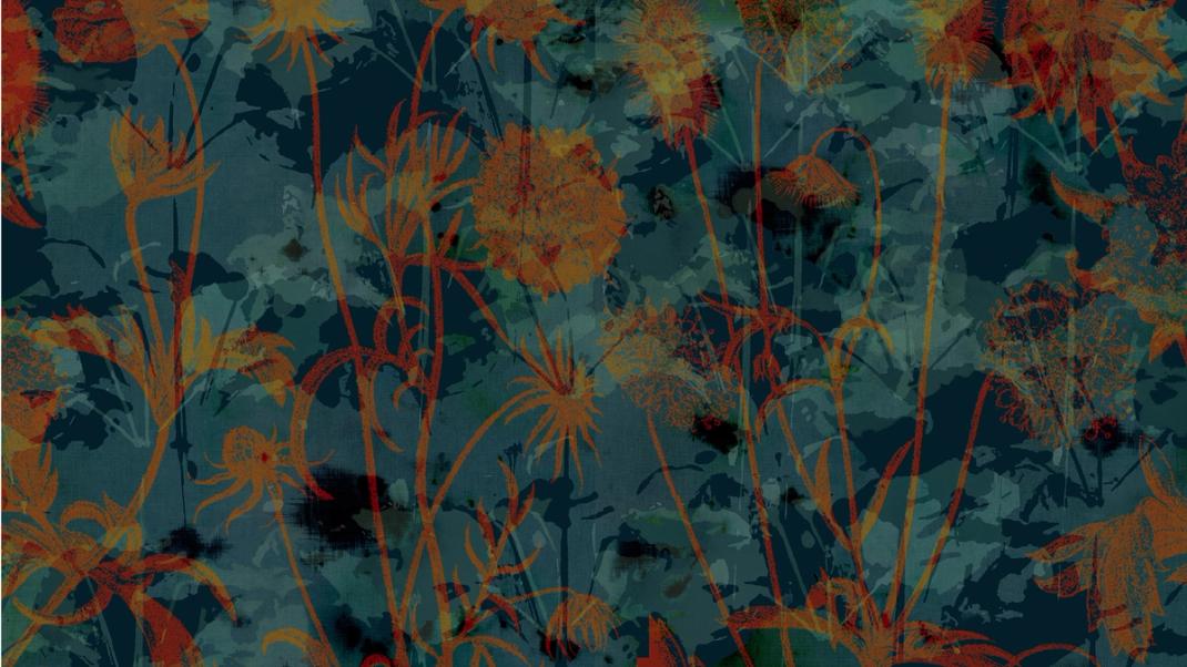 Dark blue wallpaper with orange flower patterns