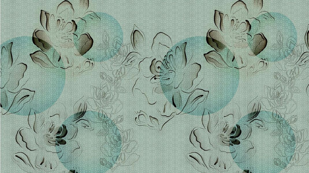 Blue wallpaper with flowers and bulbs