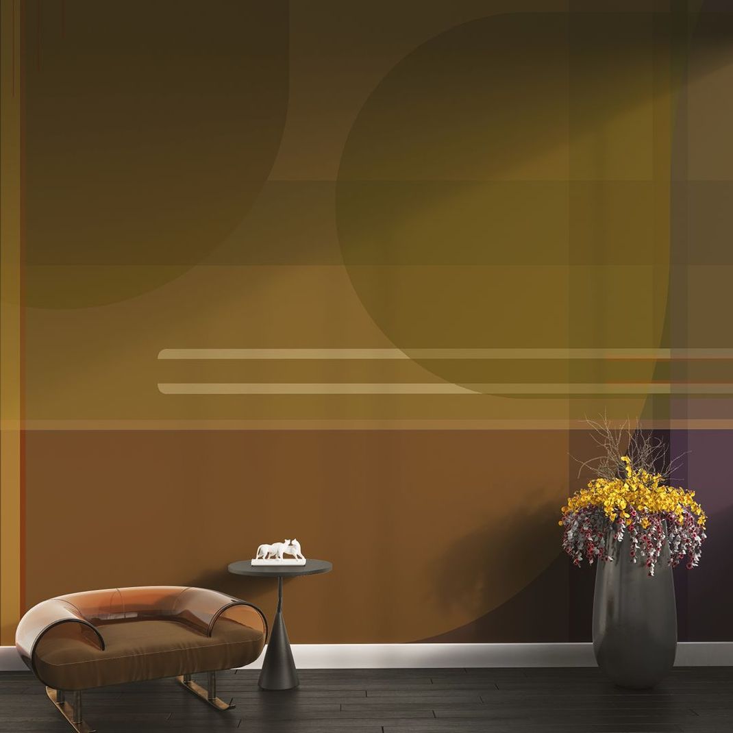 Wallpaper with large graphic areas in amber and purple tones