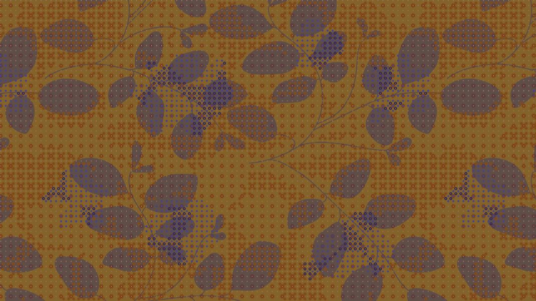 Amber wallpaper with blue graphic leaves