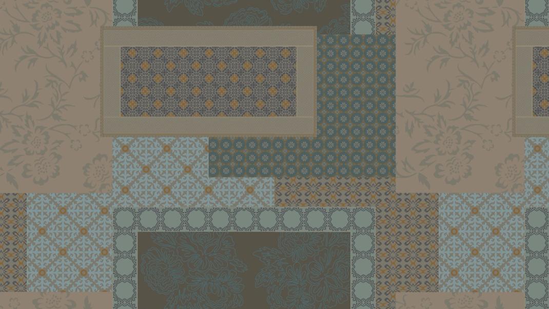 Brown blue wallpaper with patchwork of various patterns