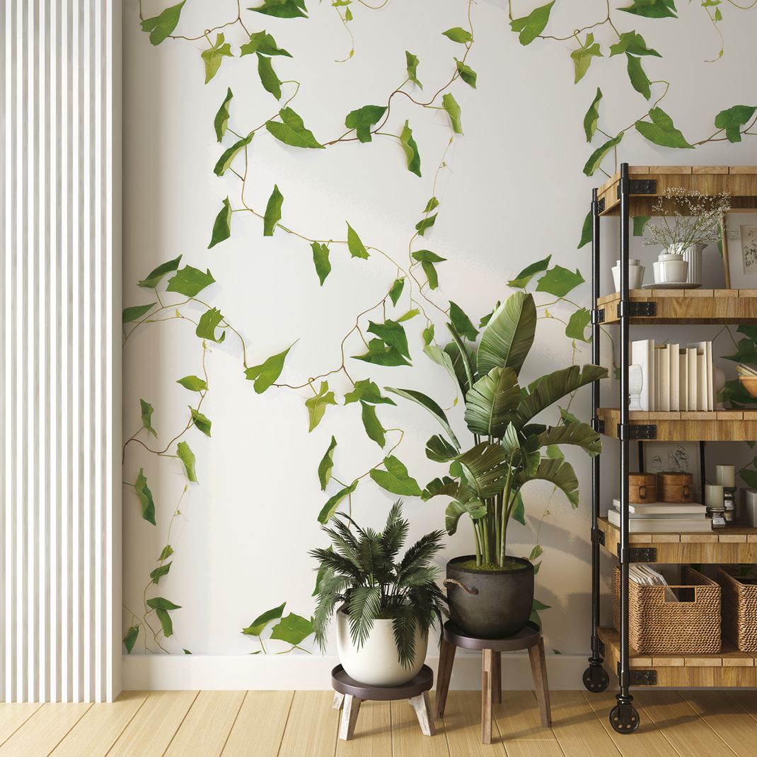 White wallpaper with green ivy leaves