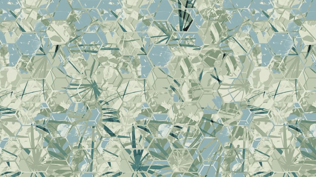 Light blue wallpaper with green leaves in six corners 