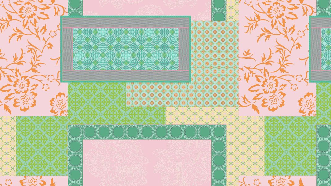 Pink and green wallpaper with patchwork of various patterns