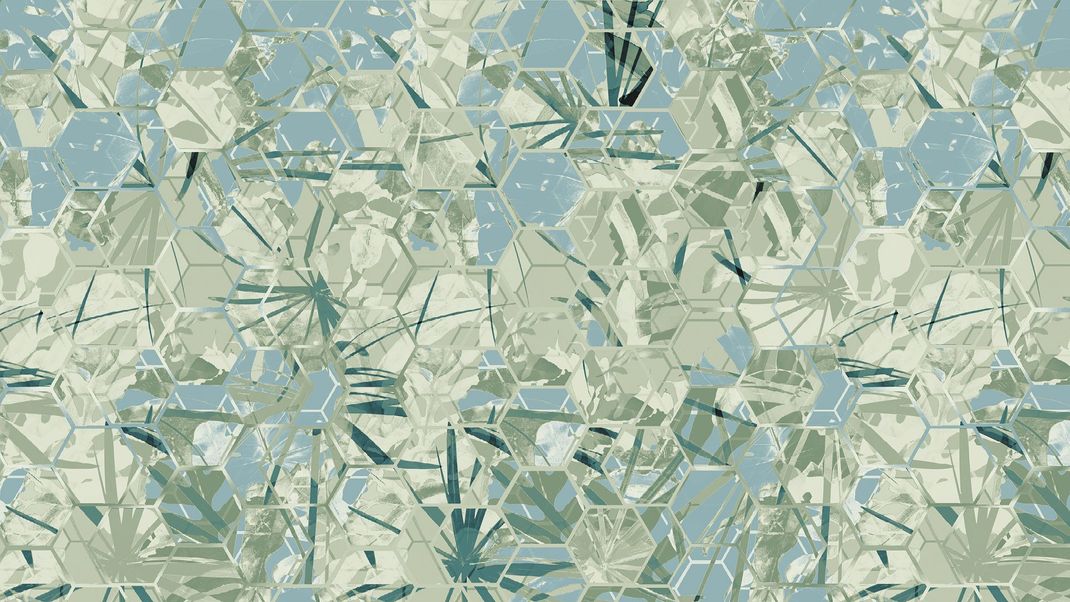 Light blue wallpaper with green leaves in six corners 