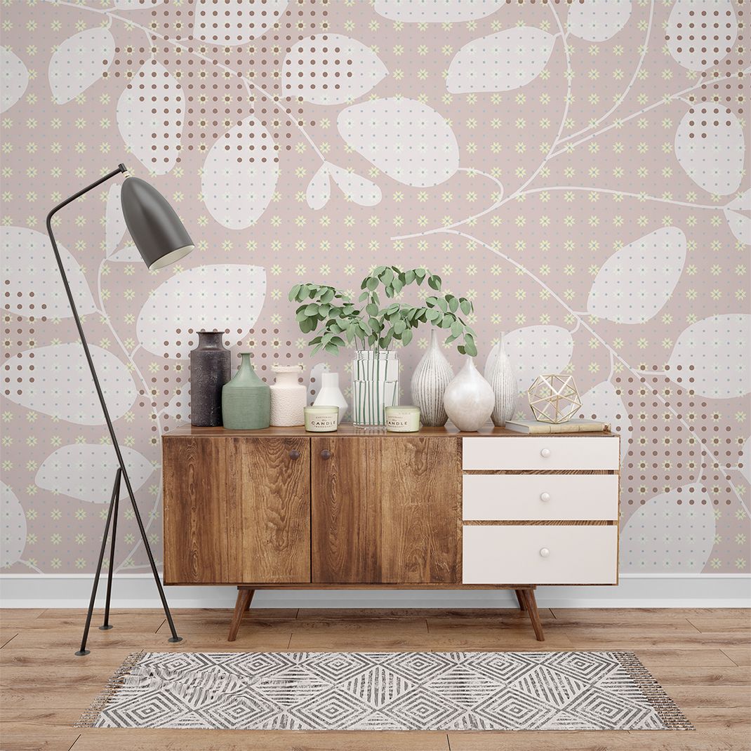 Light pink wallpaper with graphic leaves 