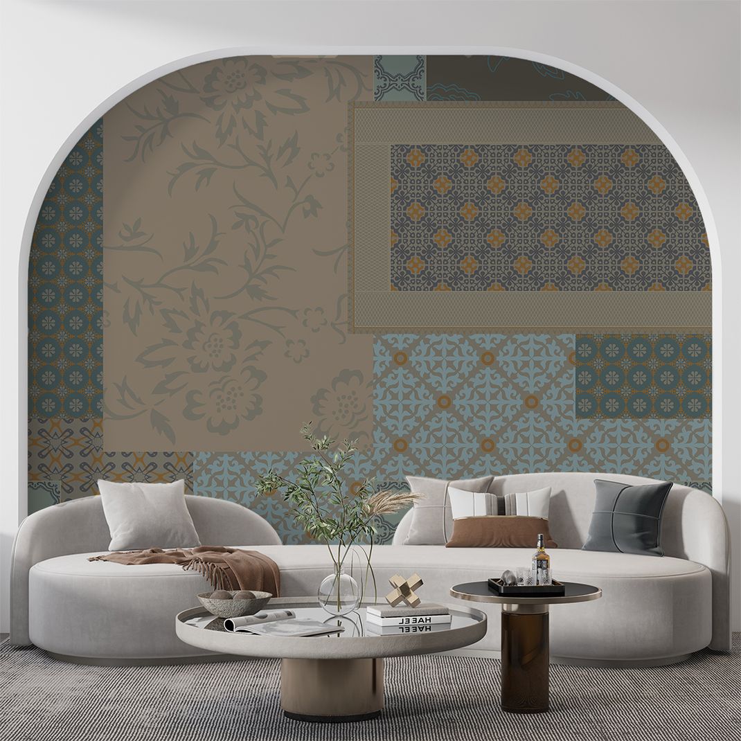 Brown blue wallpaper with patchwork of various patterns