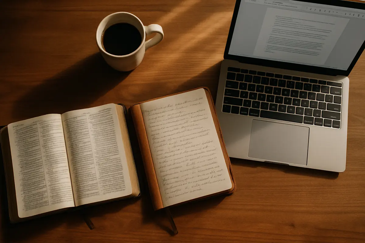 A Christian author's integrated workspace — open Bible, handwritten journal, laptop, coffee — soul care, craft, and distribution sitting together in one frame.