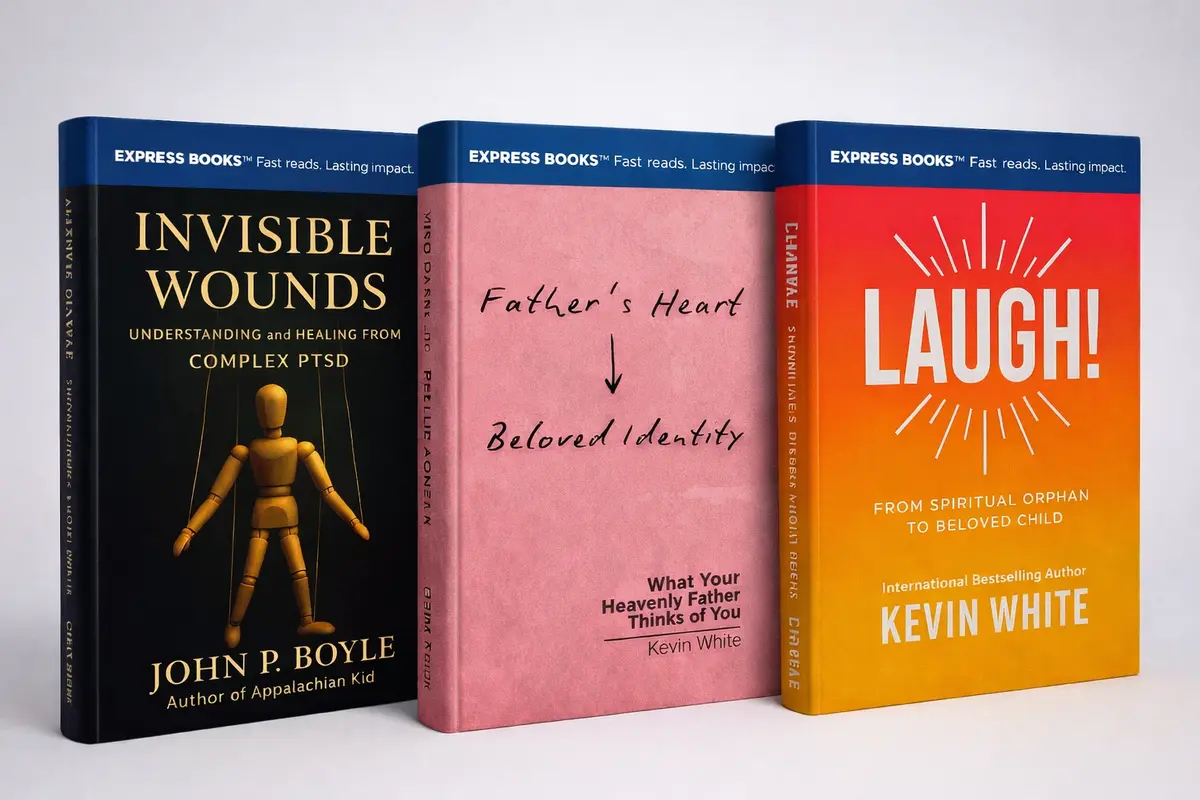 Three Express Books paperbacks published by Spirit Media: Invisible Wounds by John P. Boyle, Father's Heart Beloved Identity and Laugh! by Kevin White