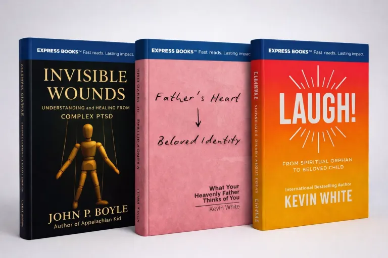 Three Express Books paperbacks published by Spirit Media: Invisible Wounds by John P. Boyle, Father's Heart Beloved Identity and Laugh! by Kevin White