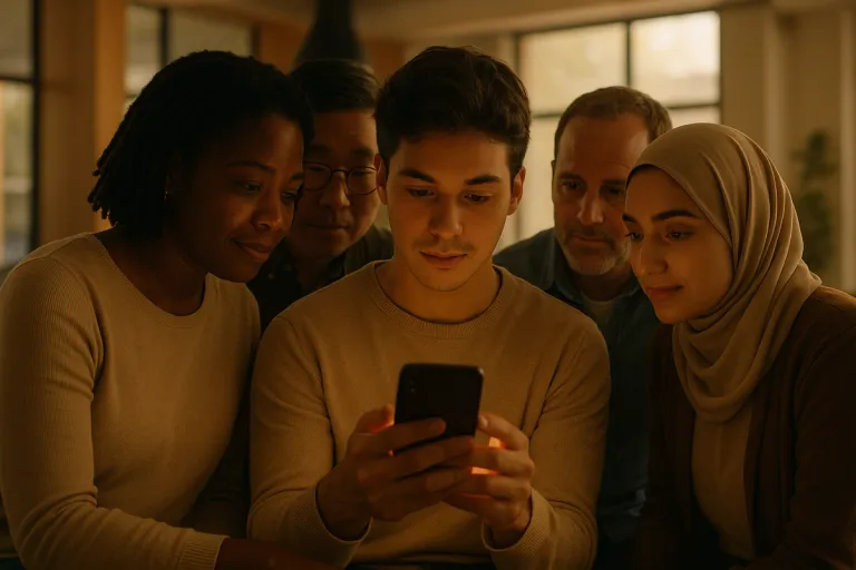 A group of smiling adults leaning in together to watch a video on one person's phone