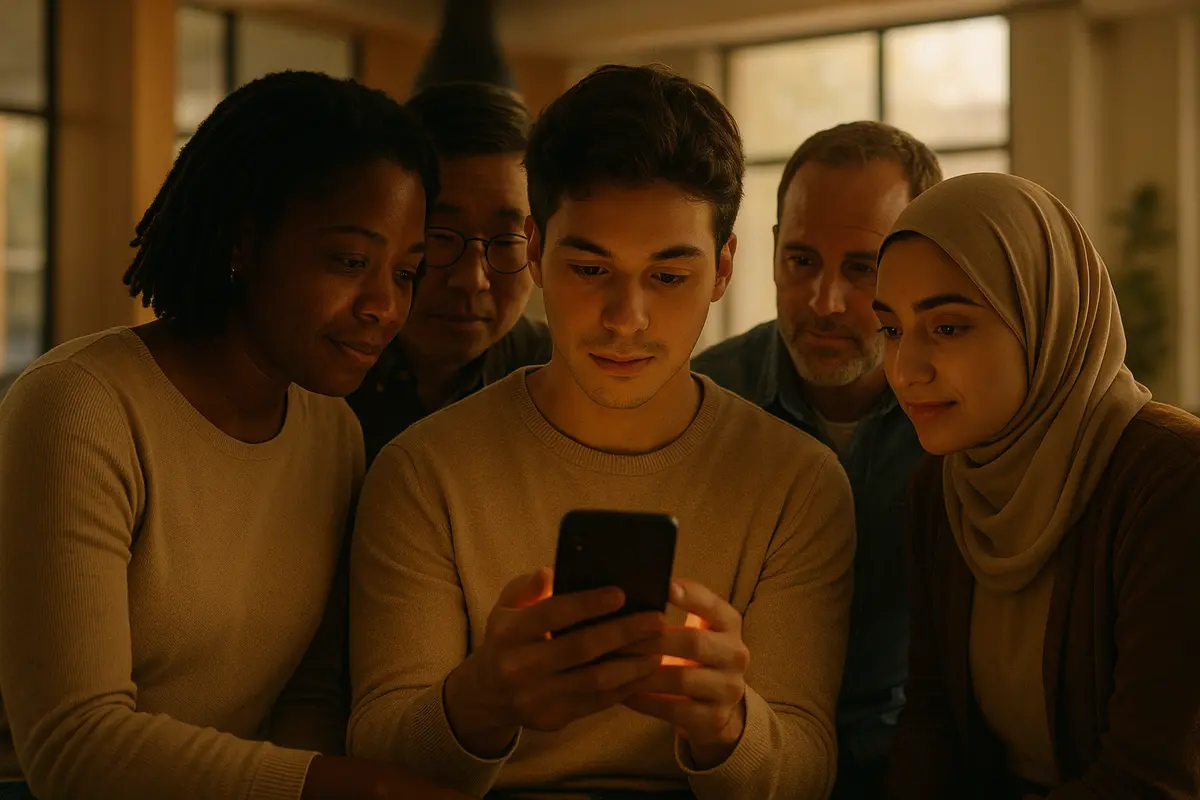 A group of smiling adults leaning in together to watch a video on one person's phone