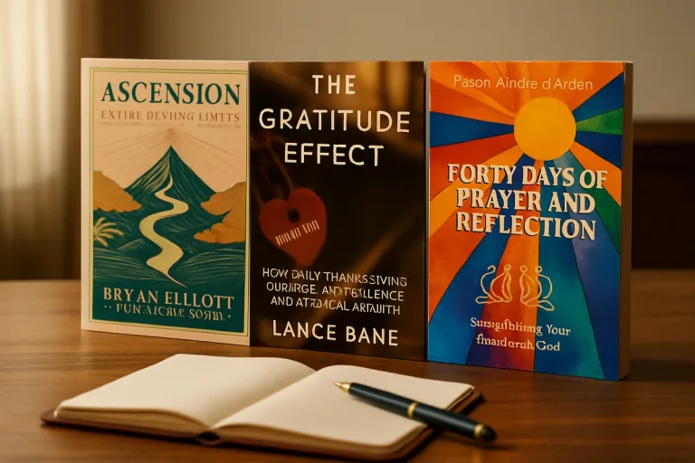 Three Spirit Media Publishing books on a warm walnut desk in soft window light — Ascension by Bryan Elliott, The Gratitude Effect by Lance Bane, and Forty Days of Prayer and Reflection by Andre d'Arden — representing the three Christian publishing paths a ministry author can take in 2026.