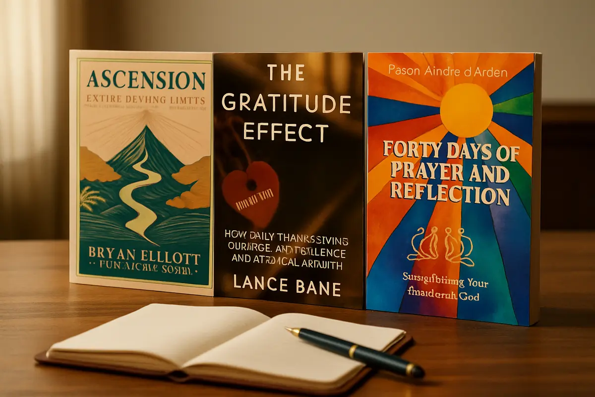 Three Spirit Media Publishing books on a warm walnut desk in soft window light — Ascension by Bryan Elliott, The Gratitude Effect by Lance Bane, and Forty Days of Prayer and Reflection by Andre d'Arden — representing the three Christian publishing paths a ministry author can take in 2026.