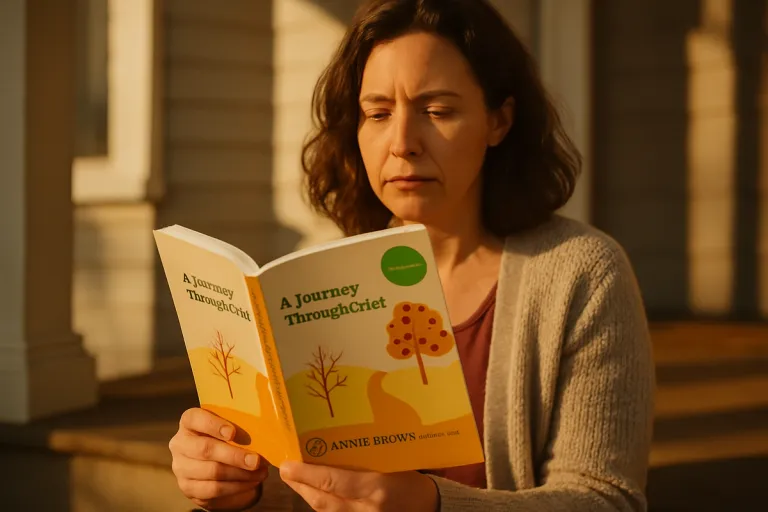 A woman in her 40s sitting on a sunlit front porch reading A Journey Through Grief by Annie Brown — the moment a reader recognizes their own story on the page and the long ripple of word-of-mouth begins.