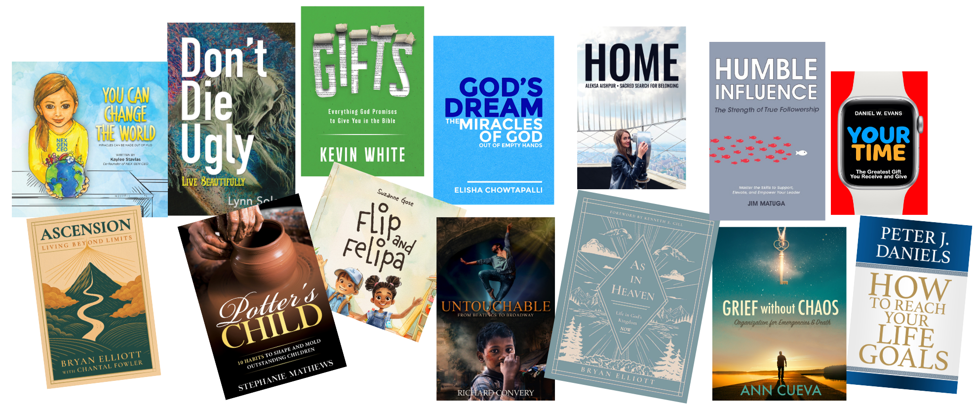 Fourteen book covers published by Spirit Media Publishing, including Gifts by Kevin White, Humble Influence and Potter's Child